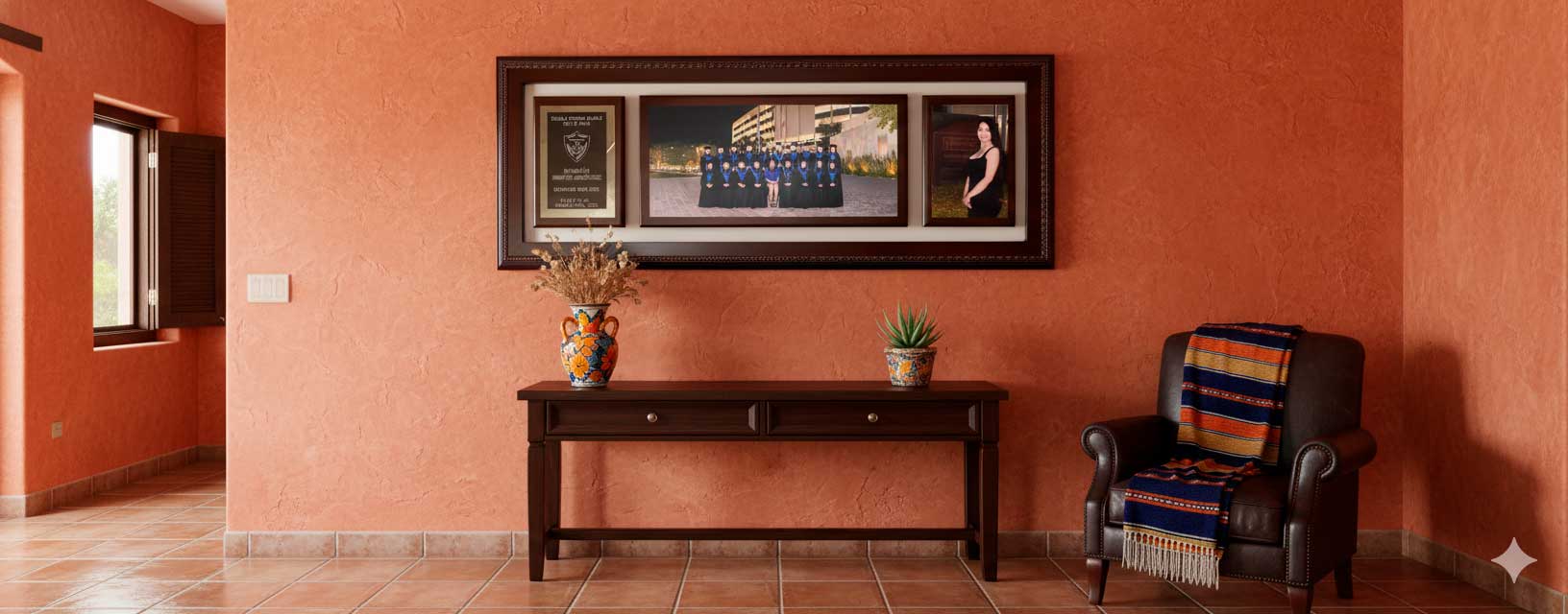 Foto de generación enmarcada en madera premium en sala de casa - Estudiantes graduados